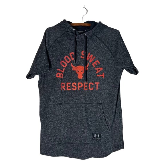 Under Armour Project Rock Short Sleeve Hooded Sweatshirt Blood Sweat Respect M - Picture 1 of 5
